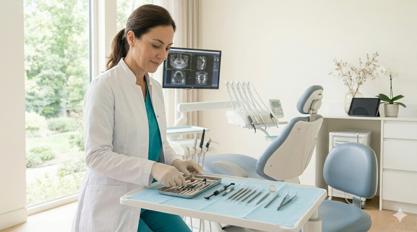 Dental hygienist preparing the room for a patient visit