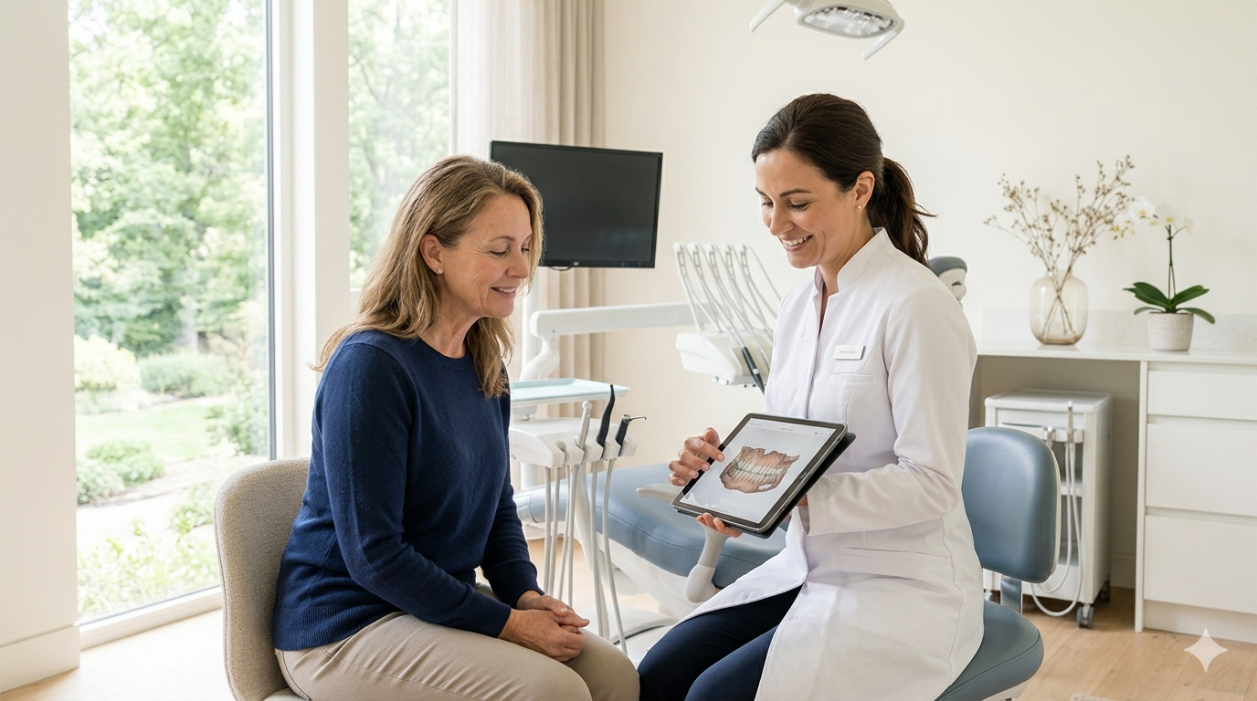 Dentist reviewing a smile design with a patient during a calm consultation